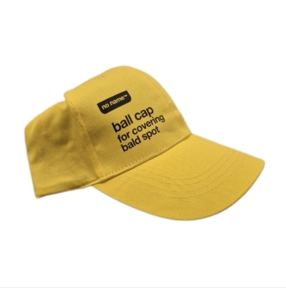 no name yellow ball cap "for covering bald spot"